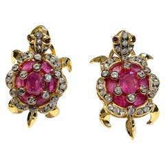 Bochic “Orient” Vintage Ruby & White Topaz Turtle Earrings Set 18K Gold & Silver