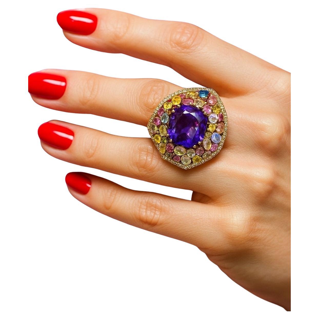 Anello da cocktail con zaffiro e ametista vintage Bochic "Orient" in oro e argento 18 carati