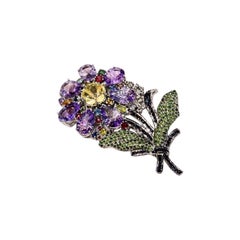 Bochic “Orient” VIntage Sapphire, Amethyst & Tsavorite Brooch - 18K Gold & Silv