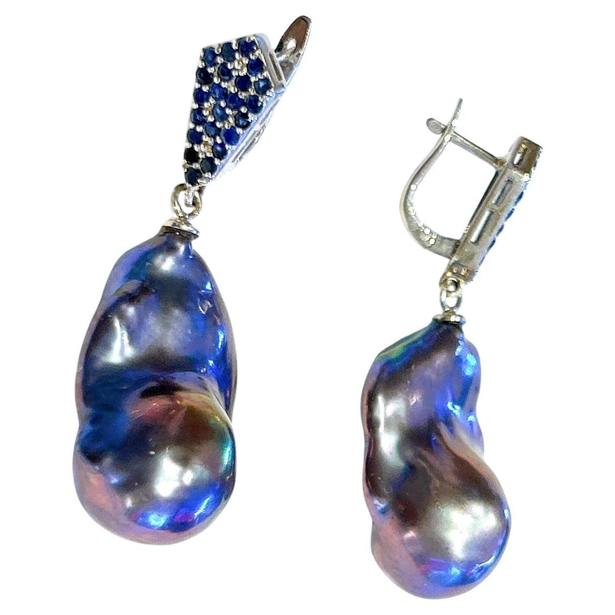 Juego de Pendientes Bochic "Orient" Vintage Zafiro y Perla Negra Oro de 18 quilates y Plata