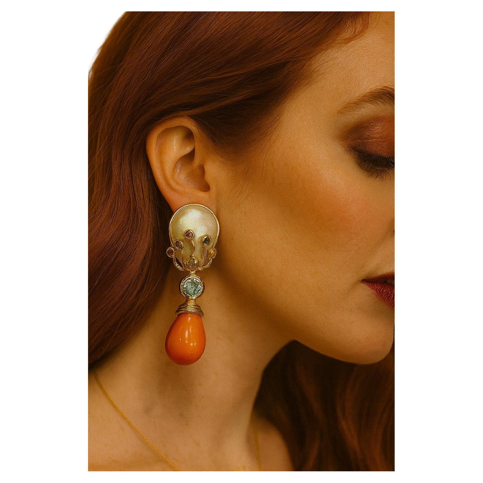 Bochic “Orient” Vintage Sapphire, Coral & Pearl Earrings Set 18K Gold & Silver