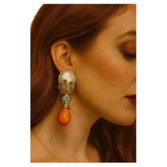 Bochic “Orient” Vintage Sapphire, Coral & Pearl Earrings Set 18K Gold & Silver