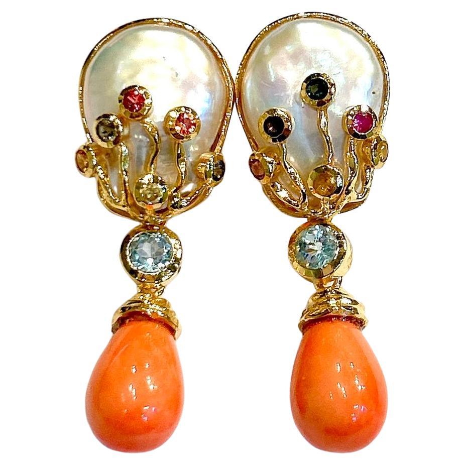 Bochic “Orient” Vintage Sapphire, Coral & Pearl Earrings Set 18K Gold & Silver