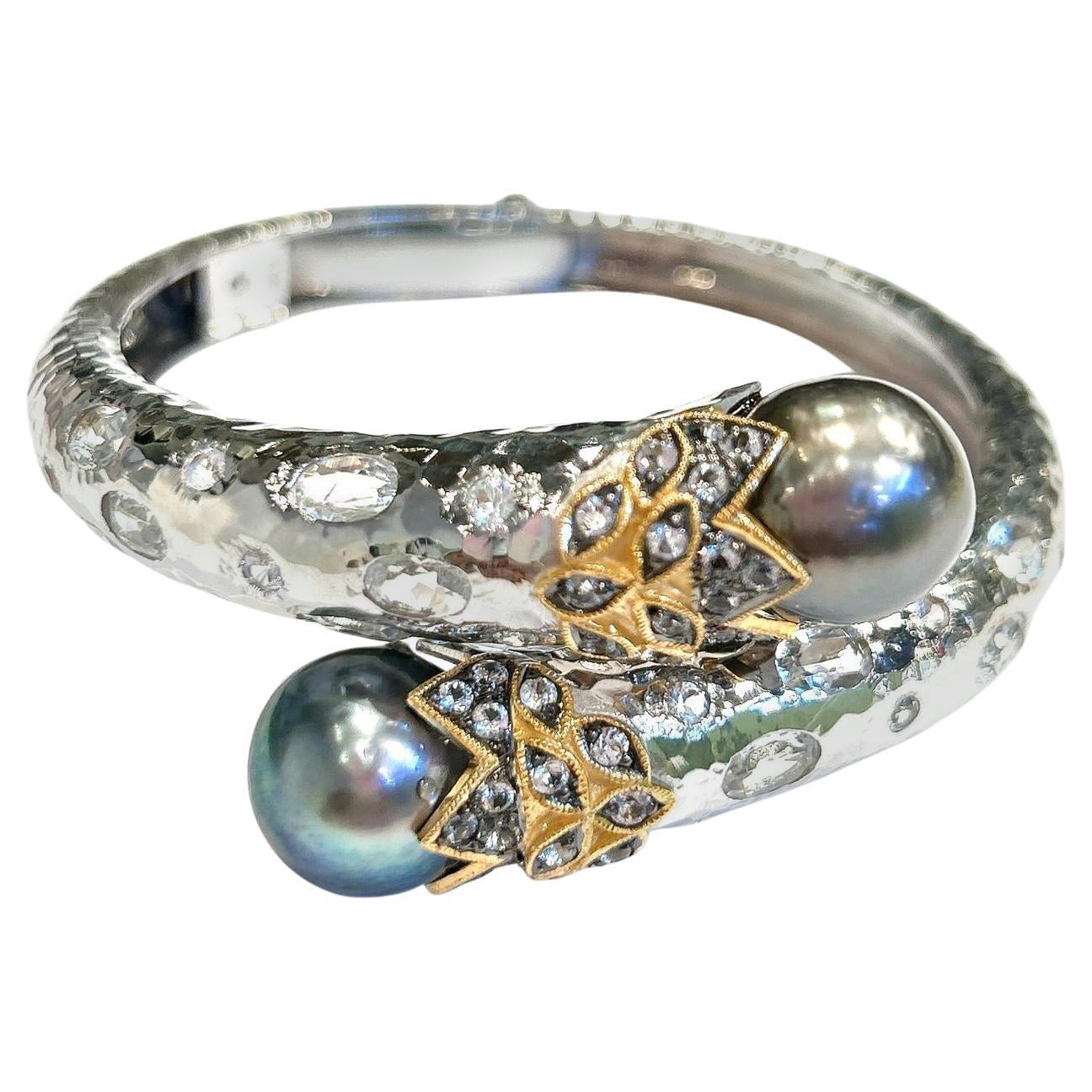 Bochic “Orient” Vintage Sapphire, Diamond & South Sea Pearl Bangle Set 18K & Sil