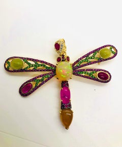 Bochic “Orient” Vintage Sapphire, Opal & Ruby Brooch Set In 18K Gold & Silver