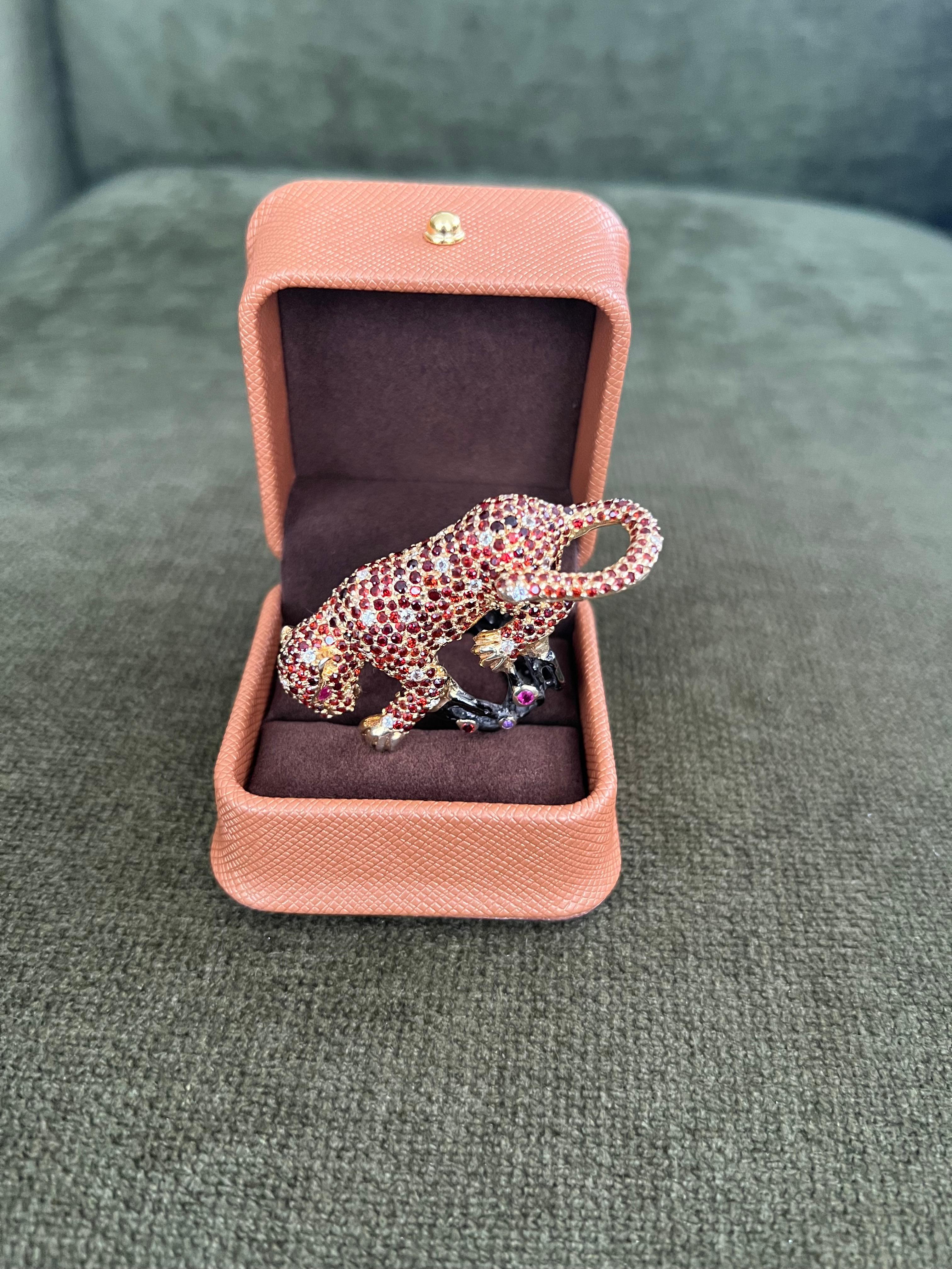 Bochic “Orient” Vintage Sapphire & Ruby Panther Ring Set In 18 K Gold & Silver For Sale 8