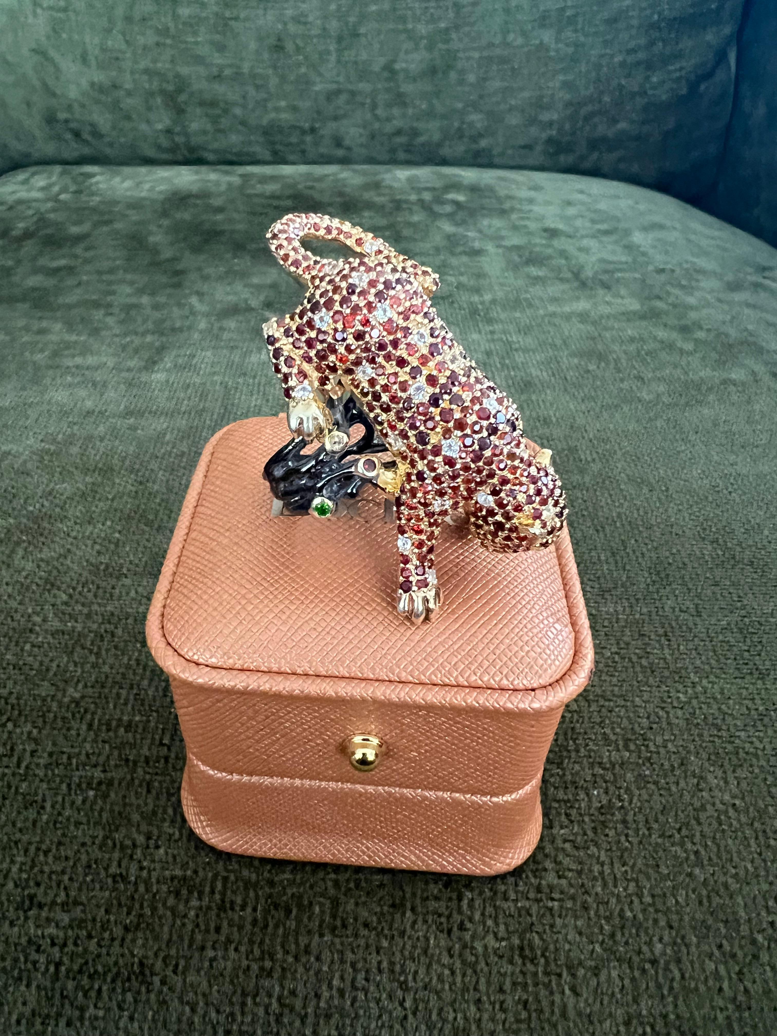 Art Deco Bochic “Orient” Vintage Sapphire & Ruby Panther Ring Set In 18 K Gold & Silver For Sale