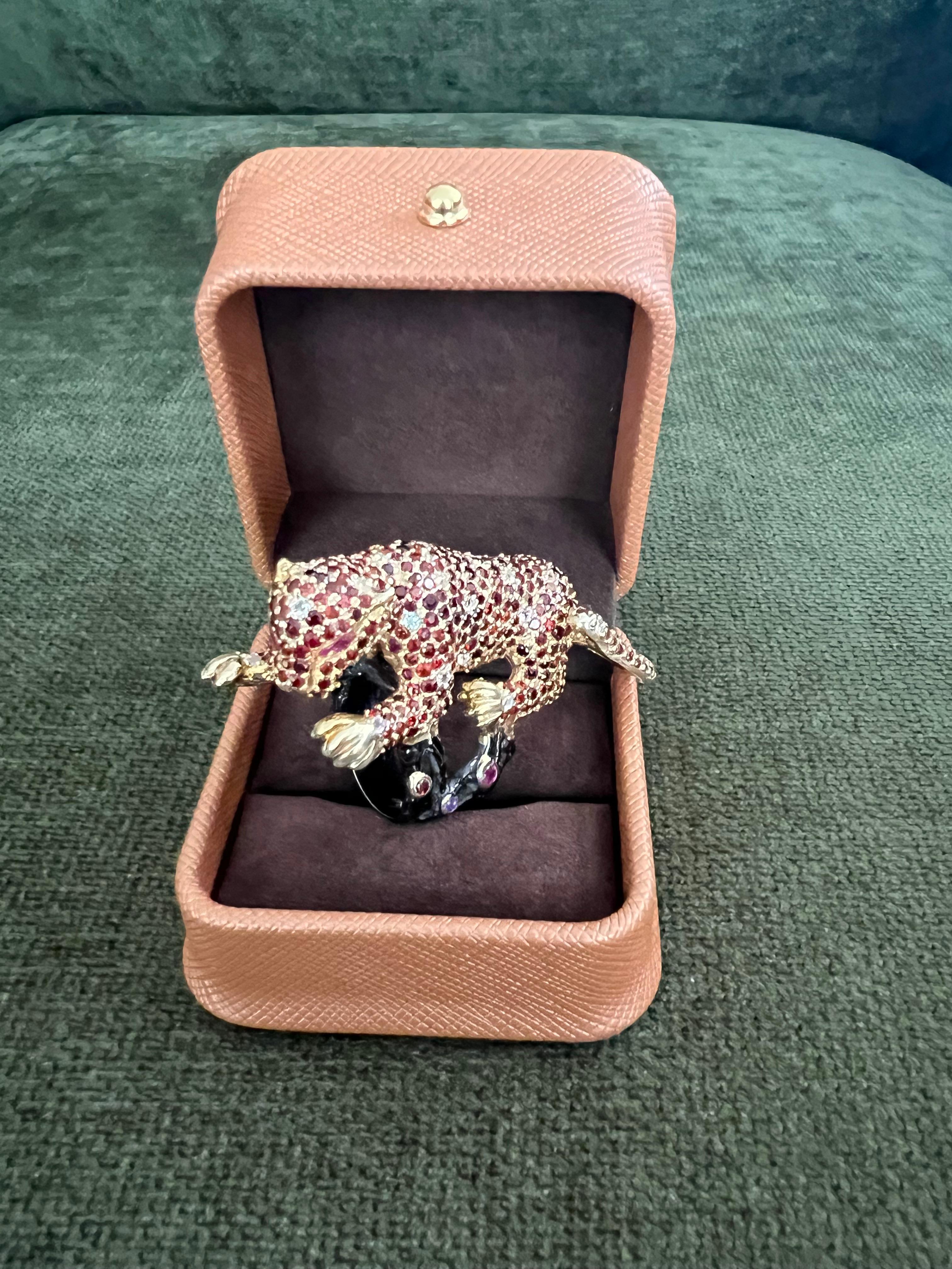 Bochic “Orient” Vintage Sapphire & Ruby Panther Ring Set In 18 K Gold & Silver For Sale 1