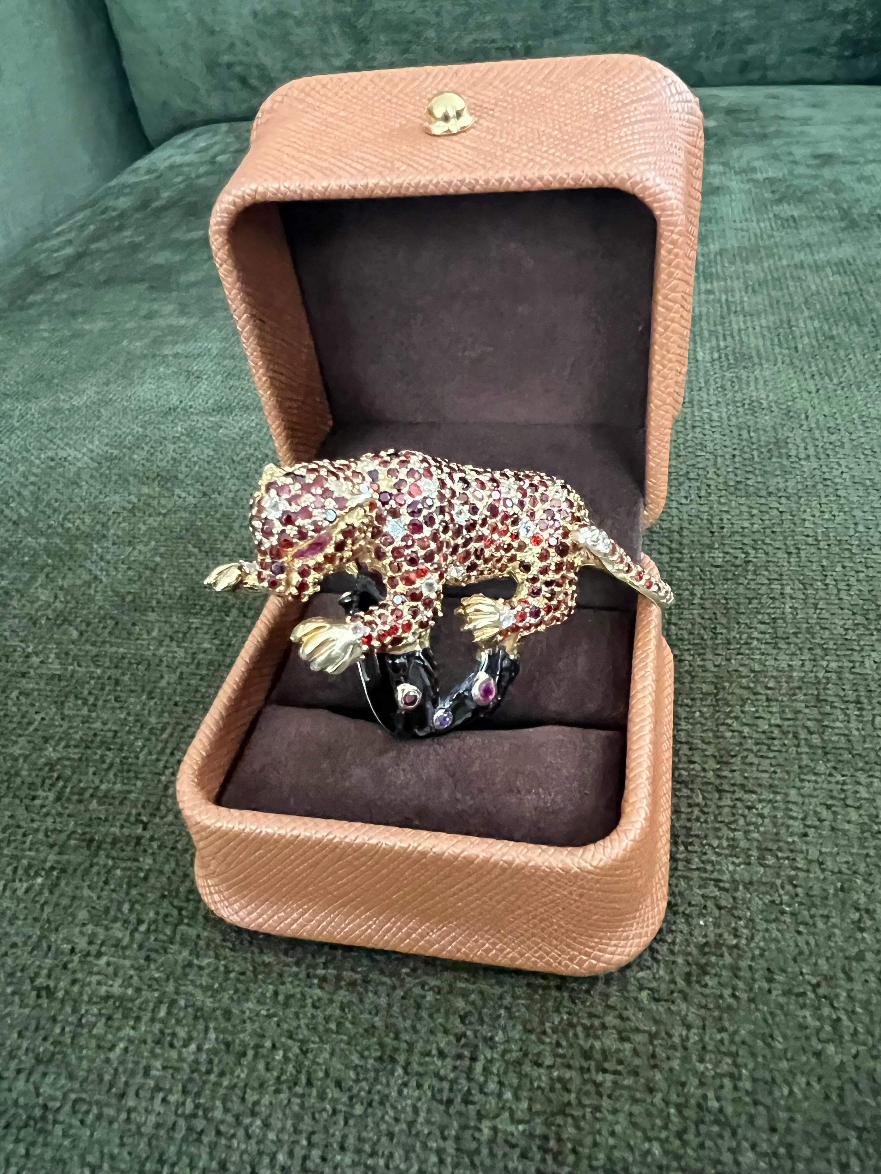 Bochic “Orient” Vintage Sapphire & Ruby Panther Ring Set In 18 K Gold & Silver For Sale 1