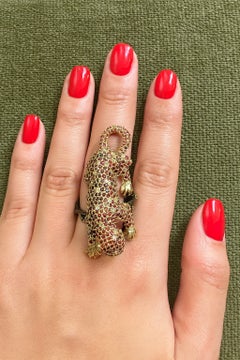Bochic “Orient” Vintage Sapphire & Ruby Panther Ring Set In 18 K Gold & Silver