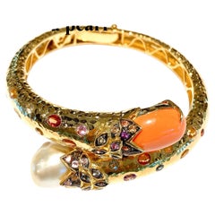 Bochic “Orient” Vintage Sapphire & South Sea Pearl Earrings & Bangle 18K & Silv