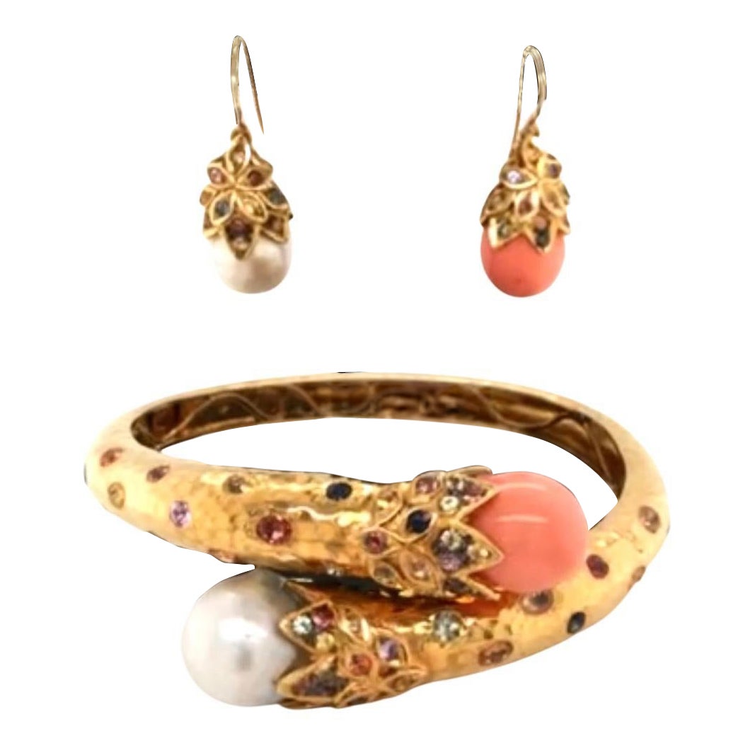 Bochic “Orient” Vintage Sapphire & South Sea Pearl Earrings & Bangle 18K & Silv For Sale