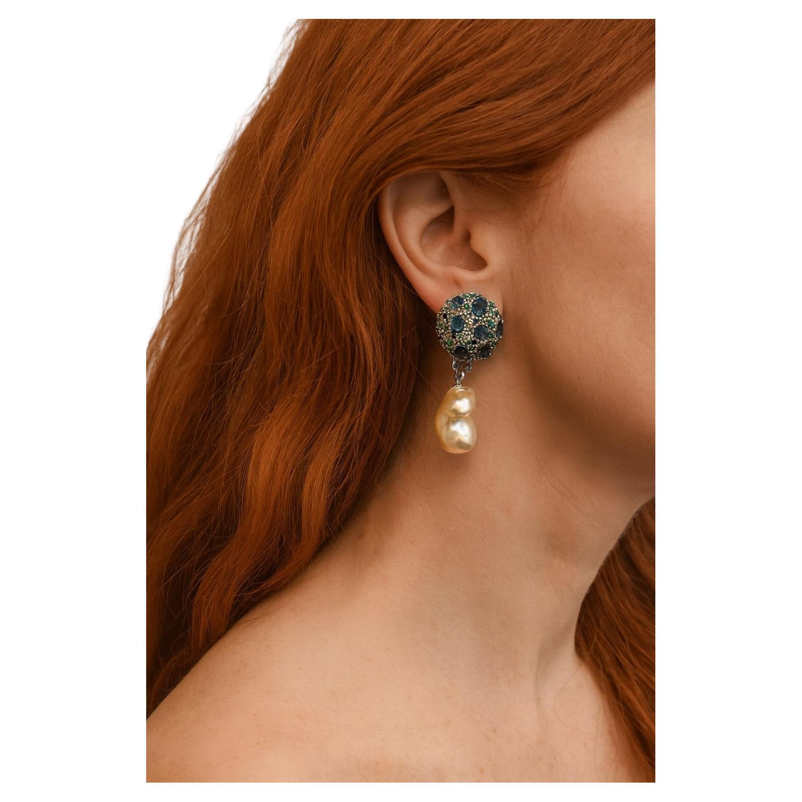 Juego de Pendientes Bochic "Orient" Vintage Zafiro, Topacio y Perla Dorada Oro 18K y S