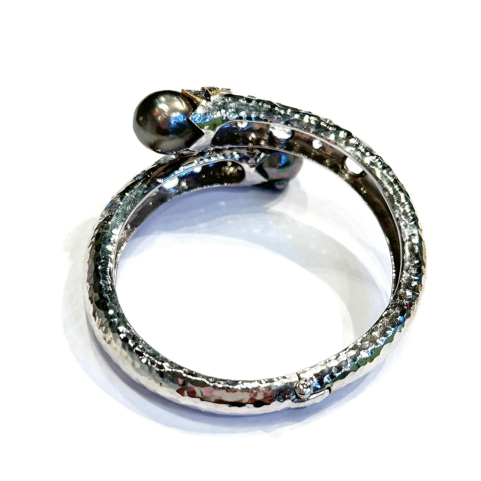 Bochic “Orient” Vintage Sapphire, Topaz & Pearl Bangle Set White 18K & Silver For Sale 2