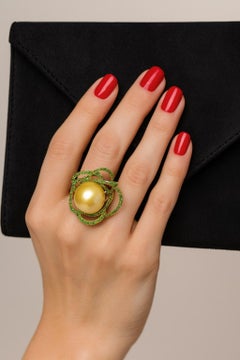 Bochic “Orient” Vintage South Sea Pearl & Emerald Ring Set 18K Gold & Silver