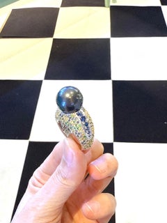 Bochic “Orient” Vintage South Sea Pearl & Fancy Blue Sapphires Ring Set 18K Gold
