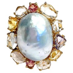 Bochic "Oriente" Vintage  Perla del Mar del Sur  Anillo Zafiros Fantasía Oro 18K