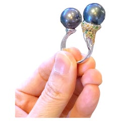 Bochic “Orient” Vintage South Sea Pearl & Fancy Sapphires Ring Set 18K Gold & Si