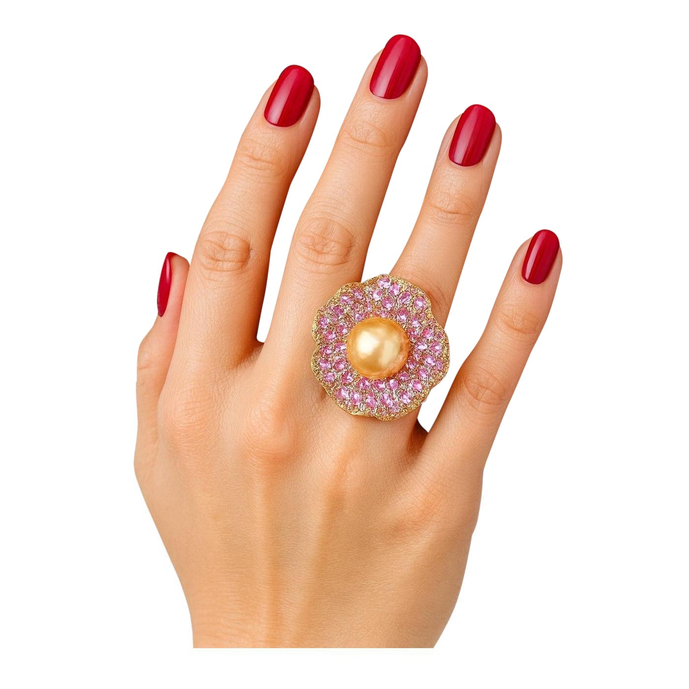 Bochic “Orient” Vintage South Sea Pearl & Pink Sapphire Ring Set 18K Gold & Sil