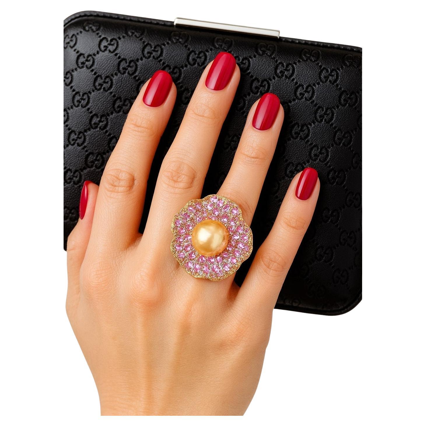 Bochic “Orient” Vintage South Sea Pearl 
Pink Sapphire Ring Set 18K Gold 
Sil For Sale