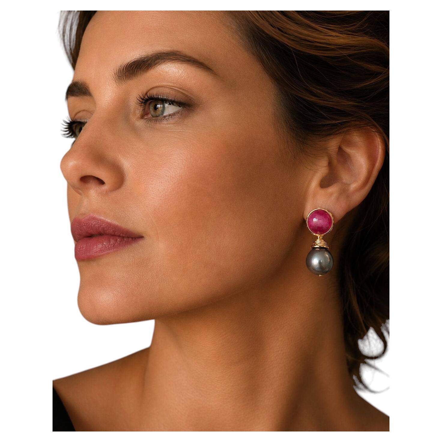 Pre-owned Bochic �orient� Vintage South Sea Pearls & Ruby Earrings 18k Gold & Silver In Multiple