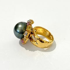 Bochic "Orient" Vintage Tahiti Pearl & Multi Sapphire Ring Set 18K Gold & Silver