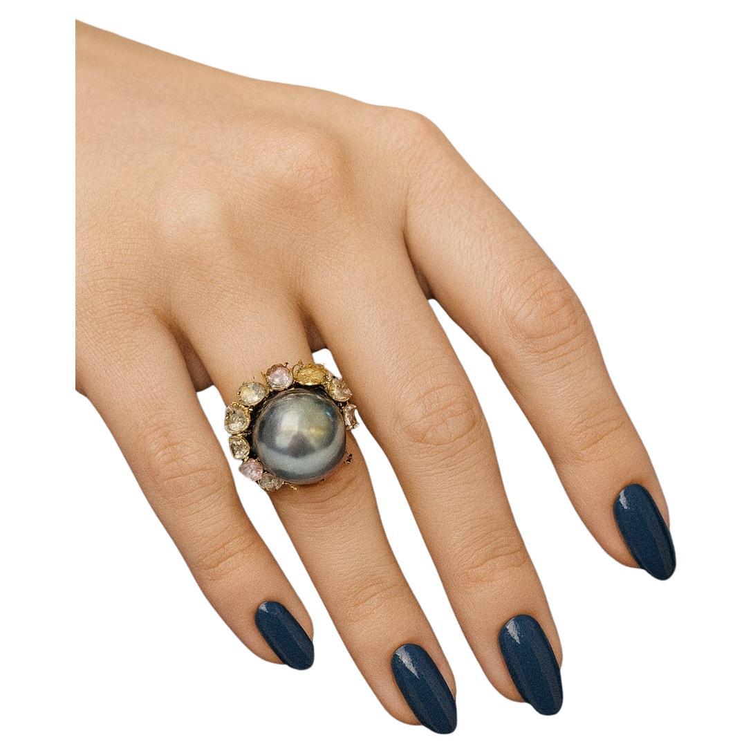 Bochic “Orient” Vintage Tahiti Pearl 
Multi Sapphire Ring Set 18K Gold 
Silver For Sale