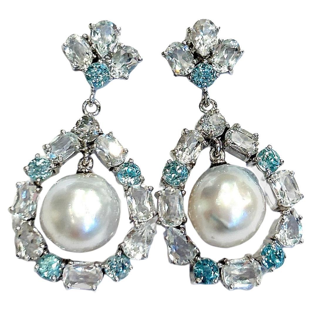 Bochic "Orient" Set di orecchini vintage con topazio e perle bianche in oro e argento 18 carati