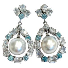 Bochic “Orient” Vintage Topaz & White Pearls Earrings Set 18K Gold & Silver