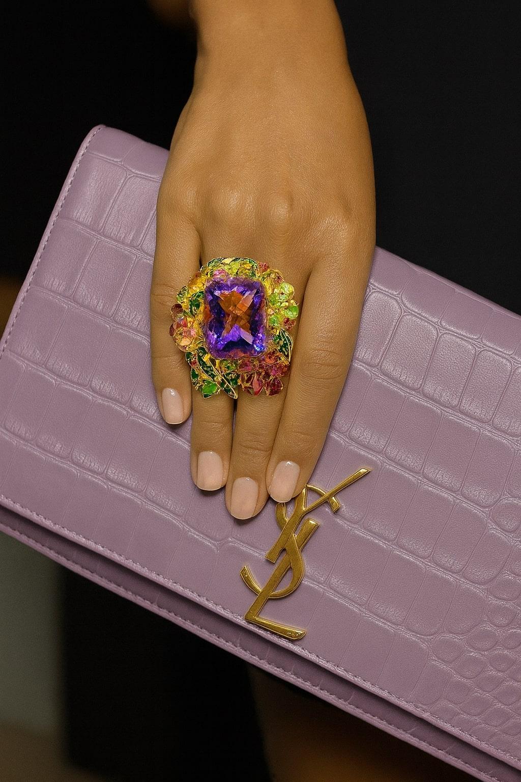 For Sale:  Bochic “Orient” Vintage Tourmaline & Amethyst Ring Set In 18K Gold & Silver 10