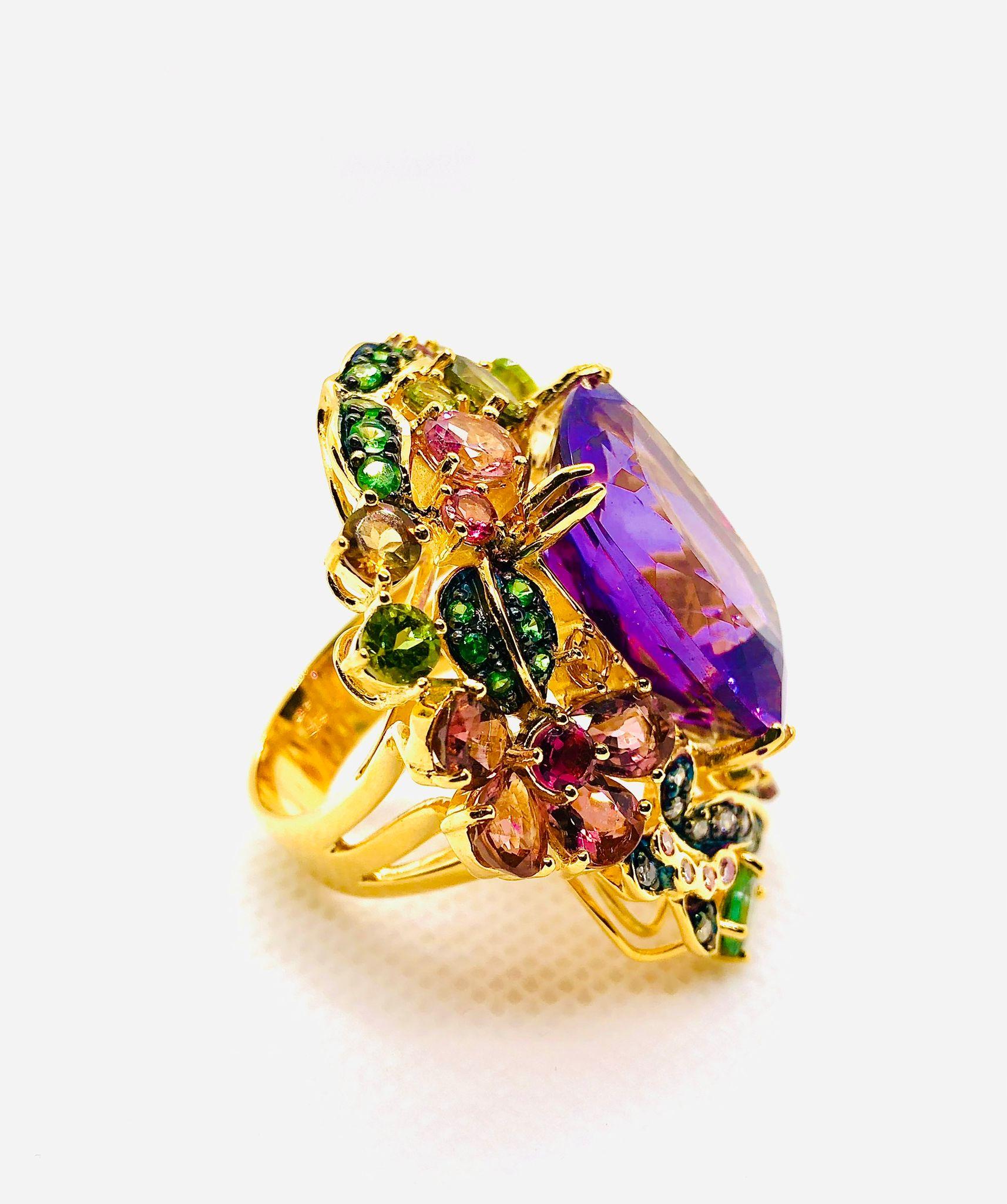 For Sale:  Bochic “Orient” Vintage Tourmaline & Amethyst Ring Set In 18K Gold & Silver 8