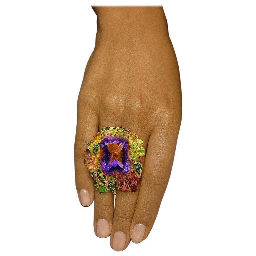 Bochic “Orient” Vintage Tourmaline & Amethyst Ring Set In 18K Gold & Silver