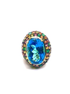 Bochic “Orient” Vintage Tourmaline & Blue Topaz Ring Set 18 K Gold & Silver