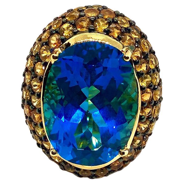Bochic “Orient” Vintage Yellow Sapphire 
Blue Topaz Ring Set 18 K Gold 
Silver For Sale