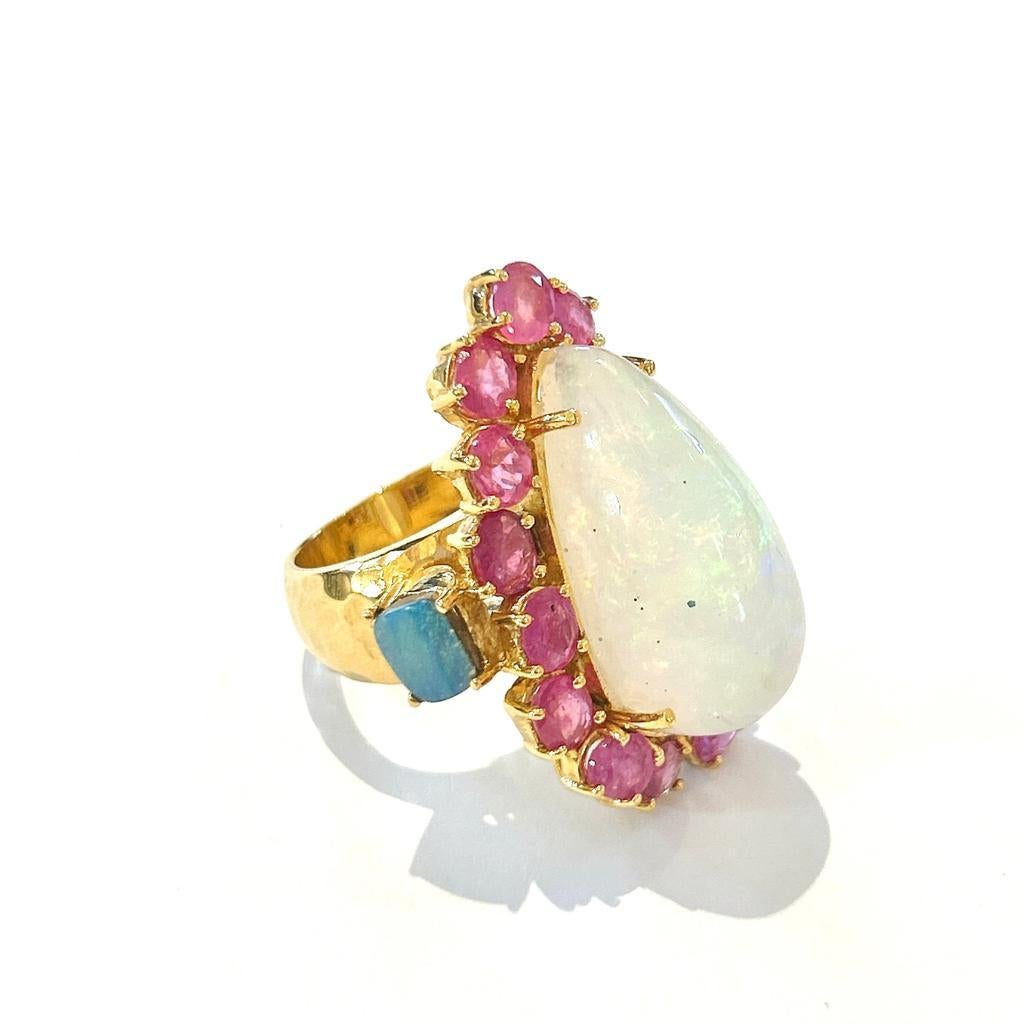 Baroque Bochic “Orient” White, Blue Opal, Red Rubies Cocktail Ring, 18K Gold & Silver For Sale