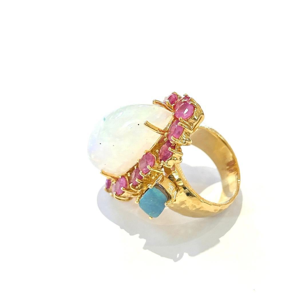 Oval Cut Bochic “Orient” White, Blue Opal, Red Rubies Cocktail Ring, 18K Gold & Silver For Sale