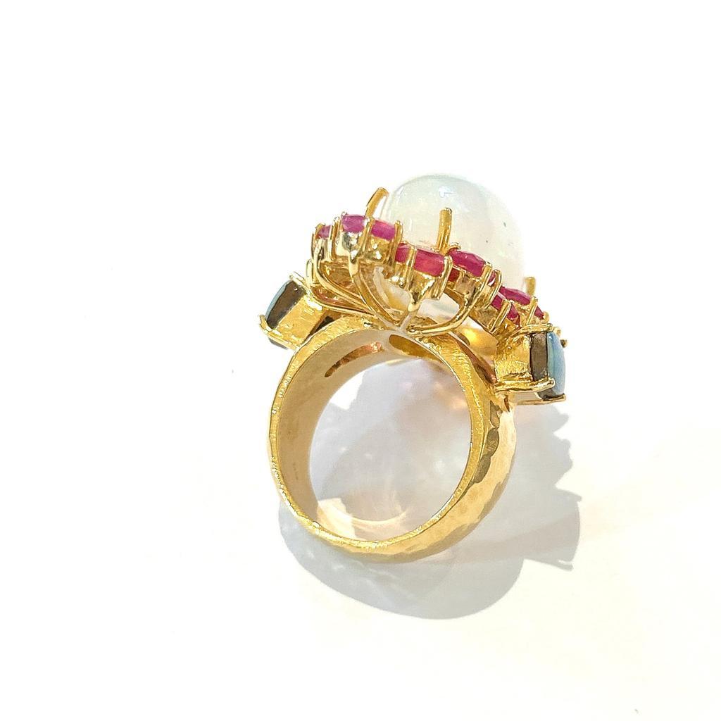 Women's Bochic “Orient” White, Blue Opal, Red Rubies Cocktail Ring, 18K Gold & Silver For Sale
