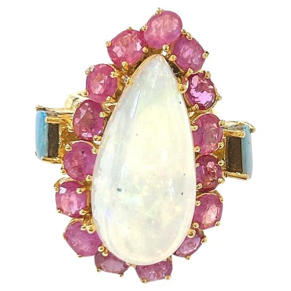 Bochic “Orient” White, Blue Opal, Red Rubies Cocktail Ring, 18K Gold & Silver