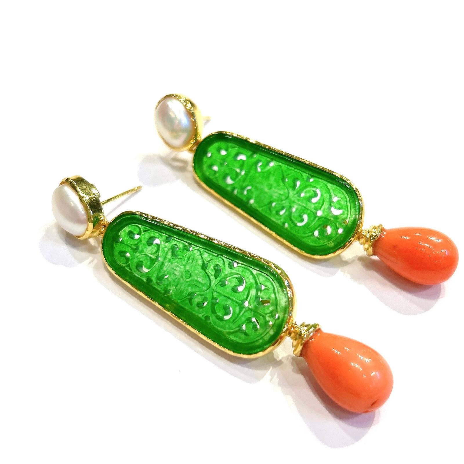 Baroque Bochic “Orient” White Pearl, Jade & Coral Earrings Set In 18K Gold & Silver For Sale
