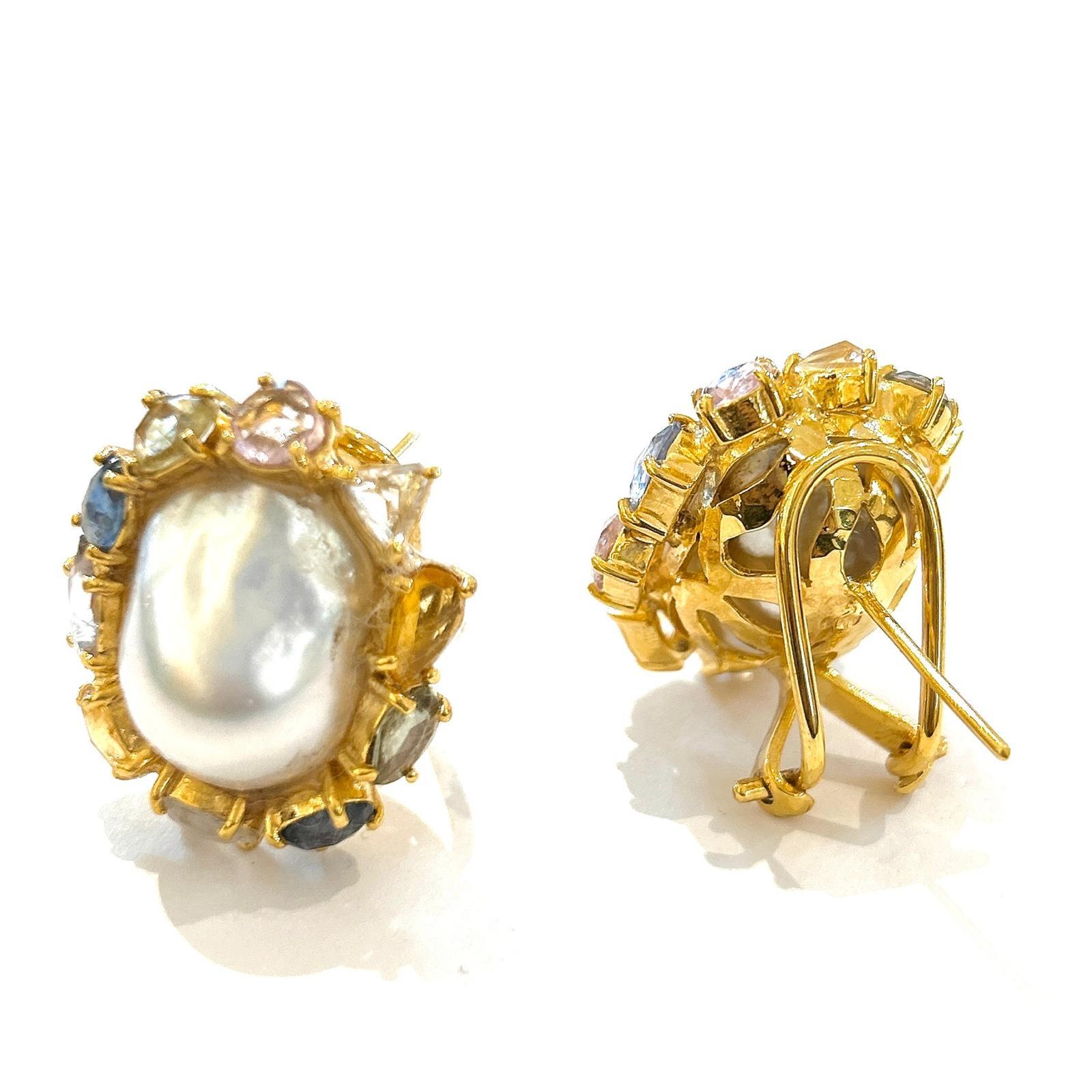 Bochic Orient Weiße Perlen & mehrfarbige Fancy Saphire 18K in Gold & Silber im Angebot 2