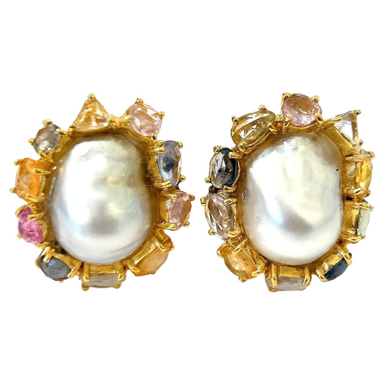 Bochic “Orient” White Pearls & Multi Color Fancy Sapphires 18K In Gold & Silver
