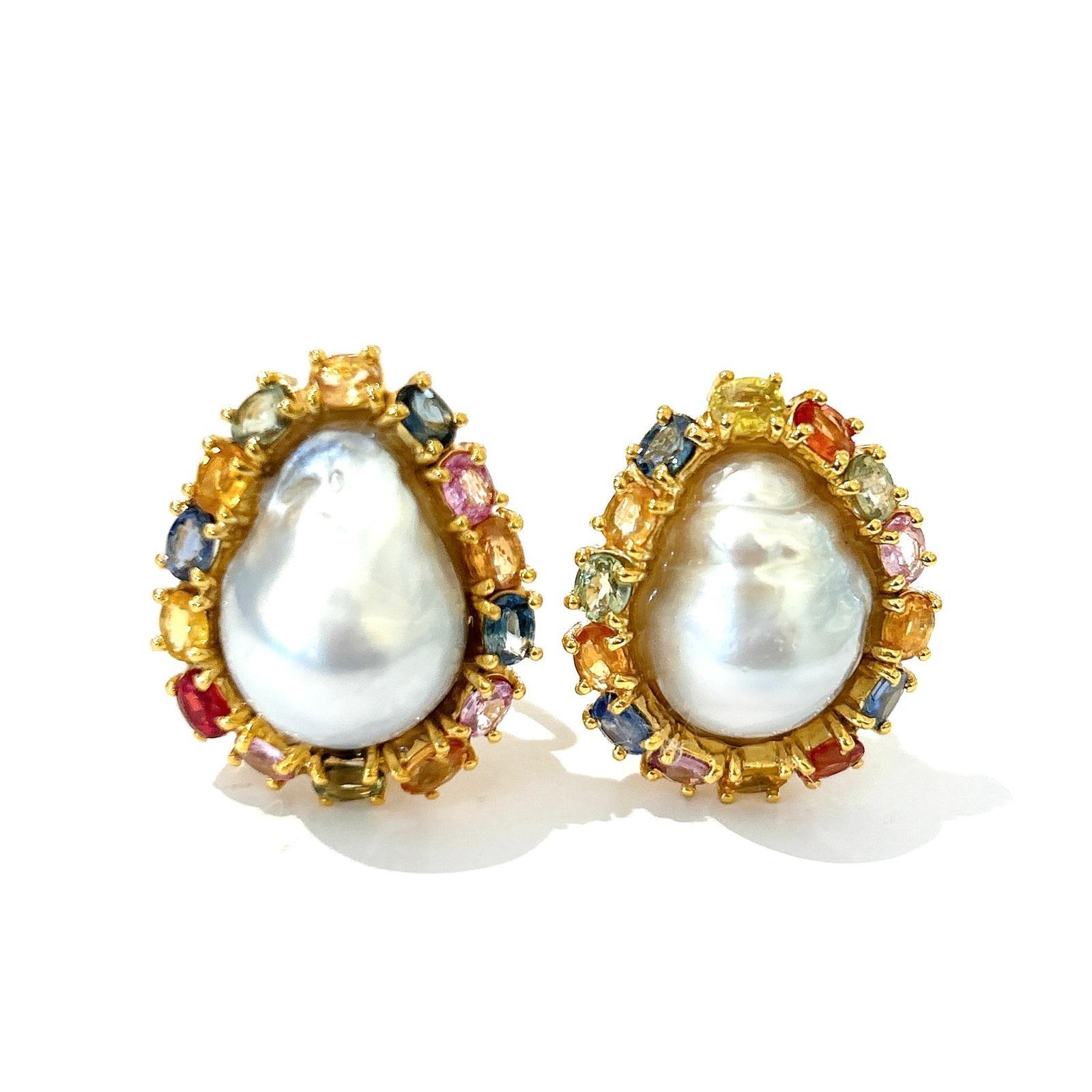 Baroque Bochic “Orient” White South Sea Pearls & Multi Sapphires Set 18K Gold & Silver