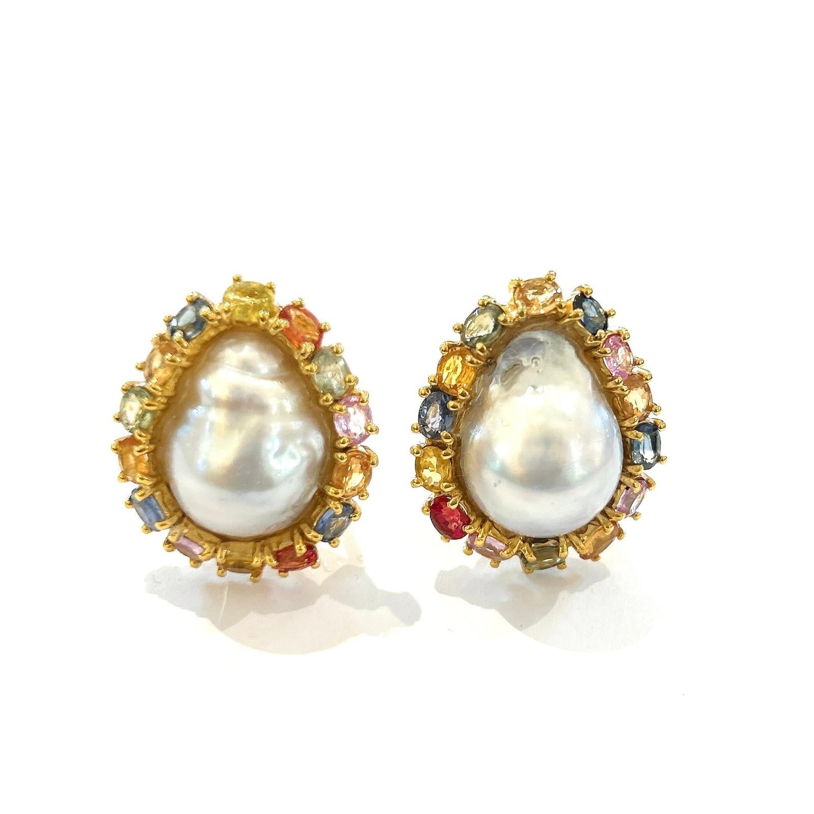 Brilliant Cut Bochic “Orient” White South Sea Pearls & Multi Sapphires Set 18K Gold & Silver