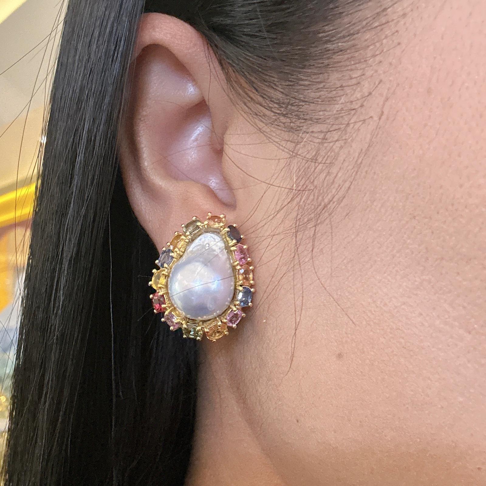 Bochic “Orient” White South Sea Pearls & Multi Sapphires Set 18K Gold & Silver 2