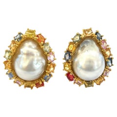 Bochic “Orient” White South Sea Pearls & Multi Sapphires Set 18K Gold & Silver