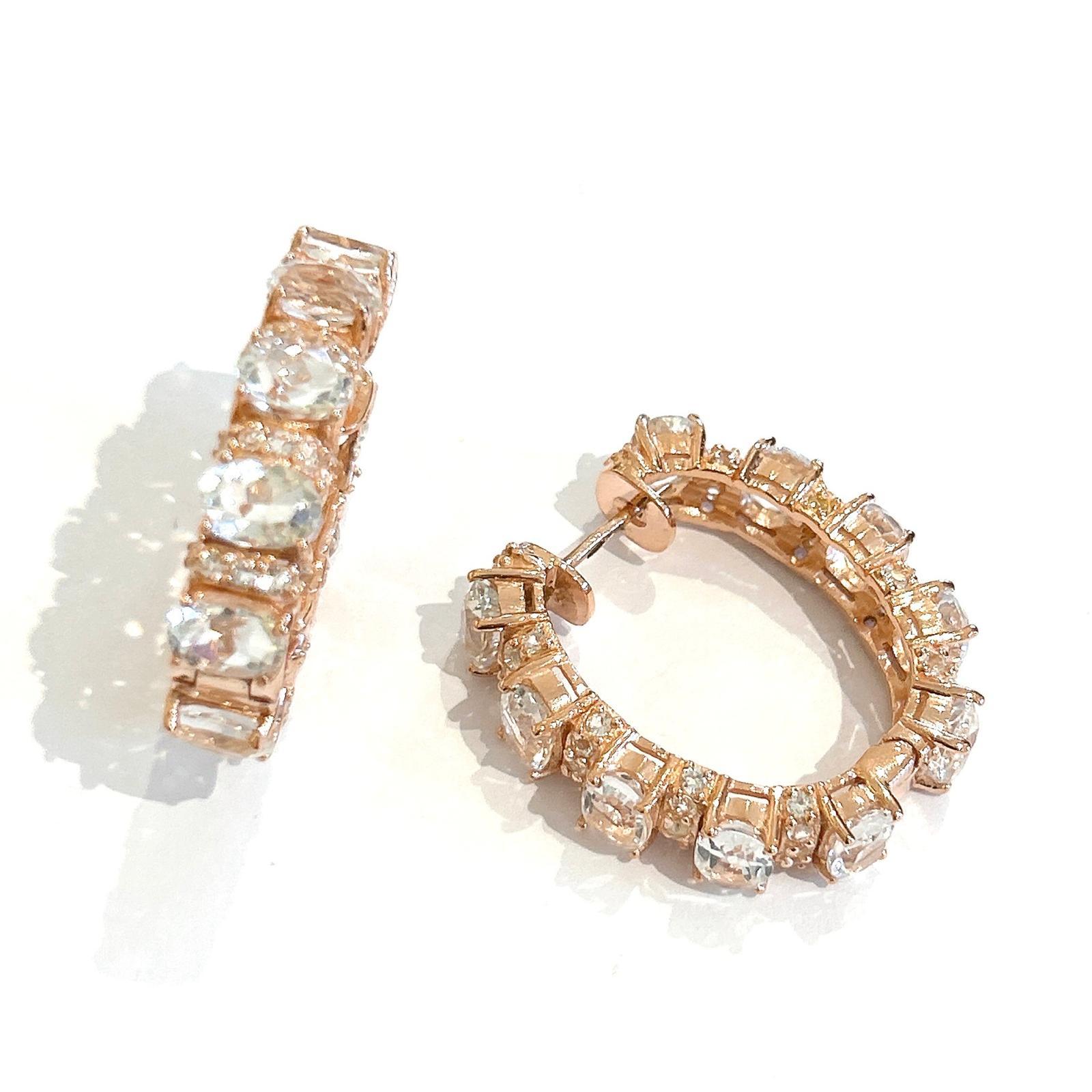 Bochic “Orient” White Topaz Classic Hoop Earrings Set In 18K Gold & Silver For Sale 2