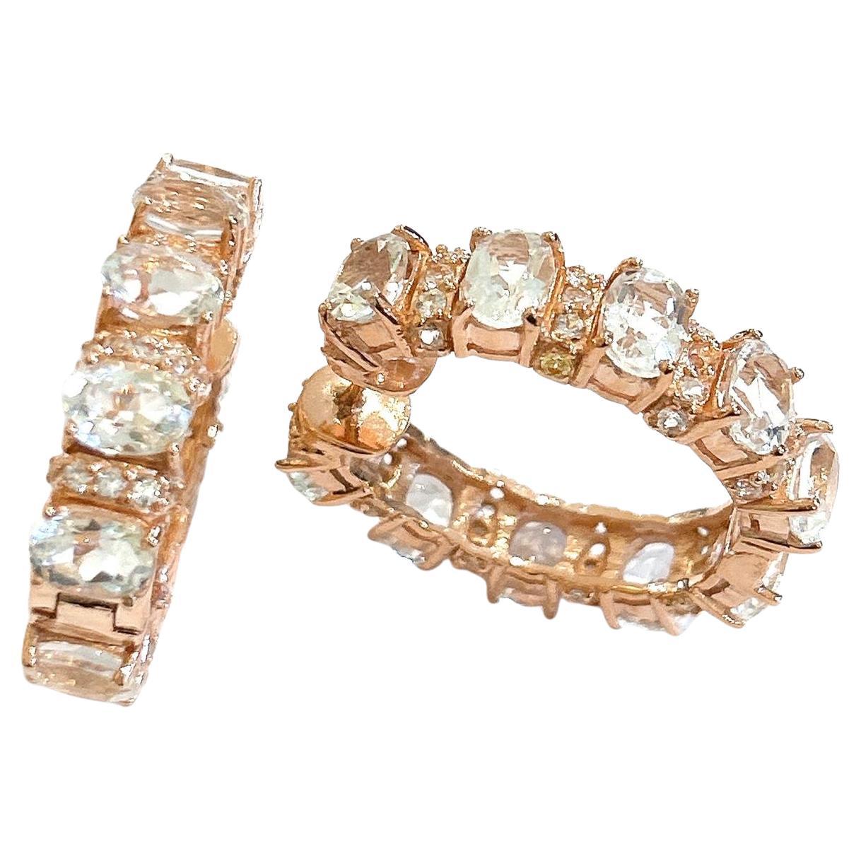Bochic “Orient” White Topaz Classic Hoop Earrings Set In 18K Gold & Silver For Sale