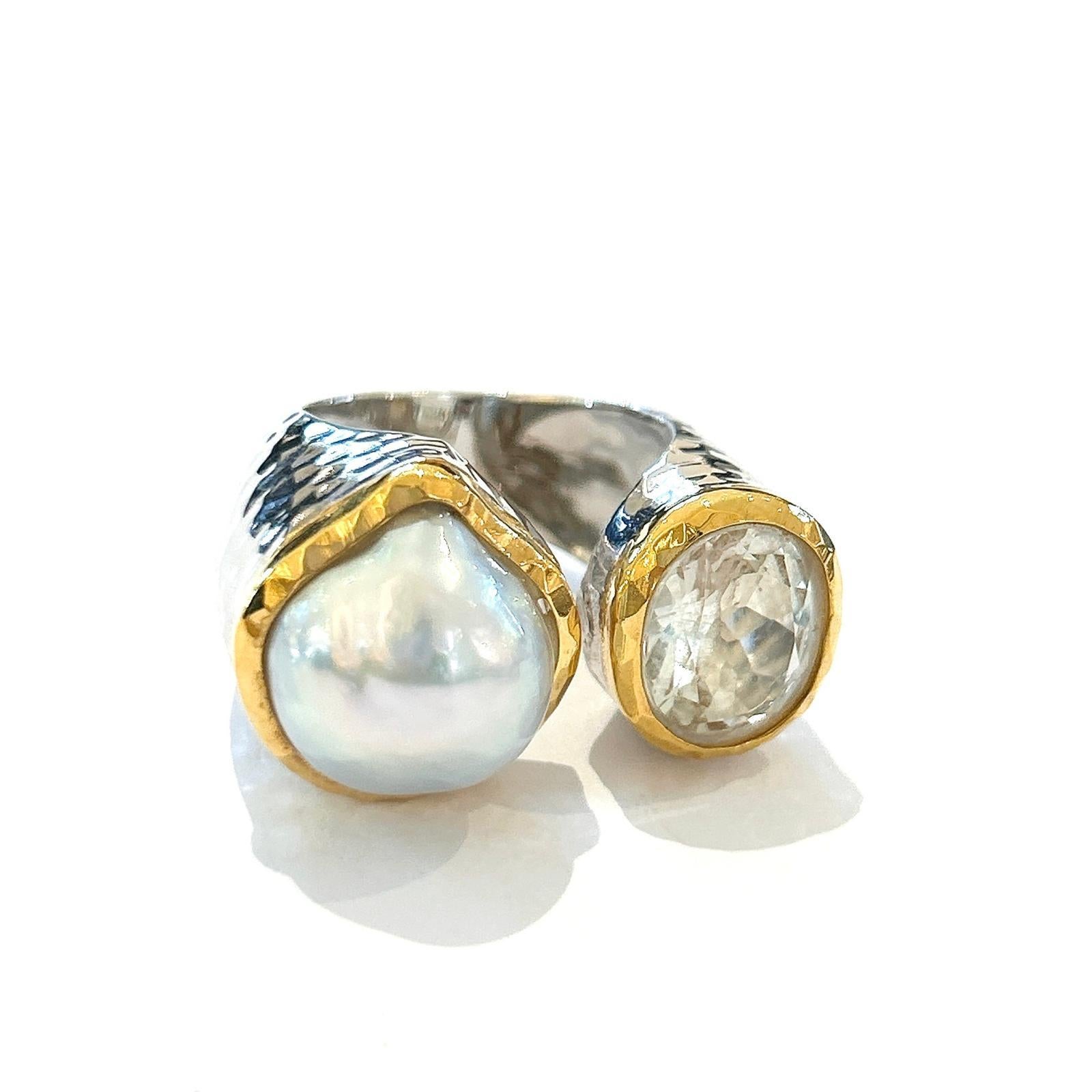 Art Deco Bochic “Orient” White Topaz & Pearl Ring Set In 18K White Gold & Silver For Sale