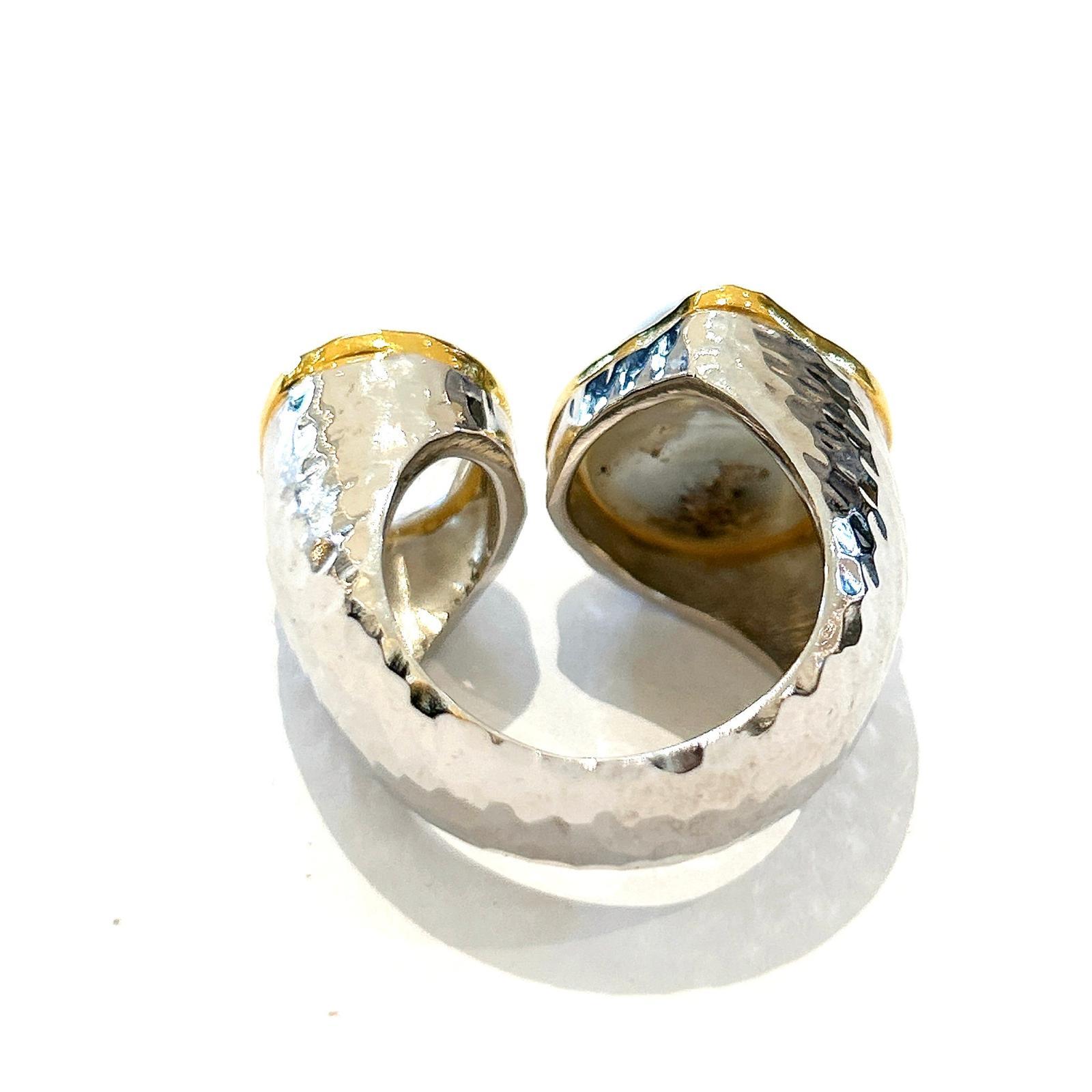 Brilliant Cut Bochic “Orient” White Topaz & Pearl Ring Set In 18K White Gold & Silver For Sale