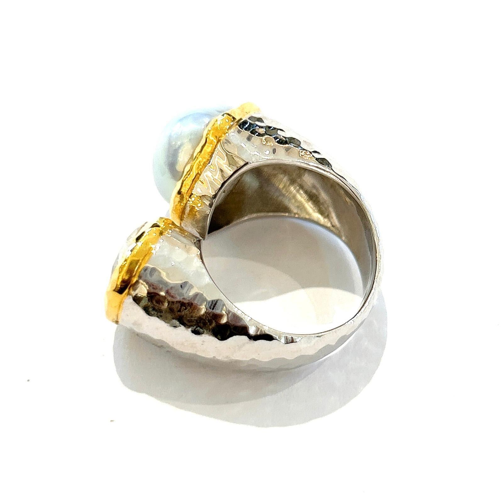 Women's or Men's Bochic “Orient” White Topaz & Pearl Ring Set In 18K White Gold & Silver For Sale